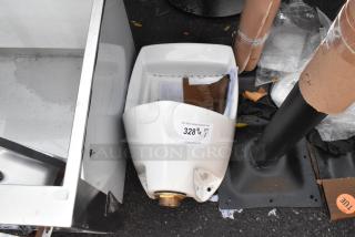 Brand new scratch and dent white unit with minor imperfections. Label shows "328 Qty 1" from PCIAuctions.com.