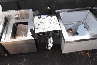 Brand new Backyard Pro BP4GEFS 4-gallon steel propane deep fryer, visible dents, 90,000 BTU, auction tags on unit.