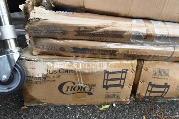 BRAND NEW SCRATCH AND DENT lot with 2 Choice Black Utility/Bussing Carts, 32"x16", in original, slightly damaged packaging.