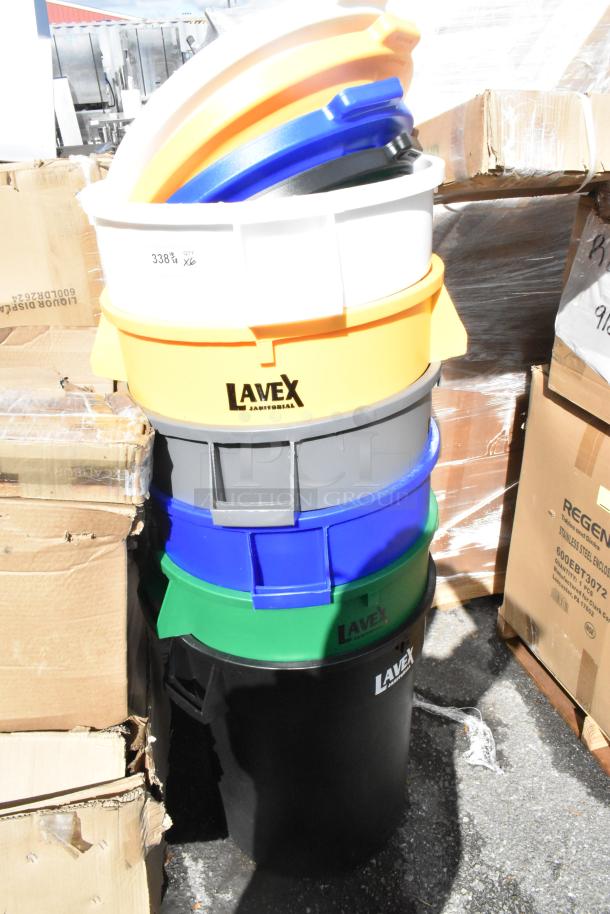 6 new Lavex 32-gallon poly trash cans with 4 assorted lids, labeled "Lavex Janitorial." Minor scratches and dents visible.