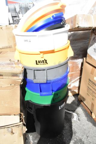 6 new Lavex 32-gallon poly trash cans with 4 assorted lids, labeled "Lavex Janitorial." Minor scratches and dents visible.