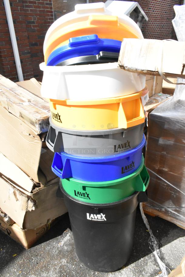 6 Lavex 32-gallon poly trash cans with 4 lids, scratch and dent condition, stacked; brand labels visible.