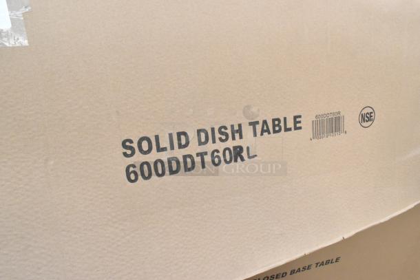 Cardboard box labeled "Solid Dish Table" with model 600DDT60RL, includes barcode and NSF certification mark.