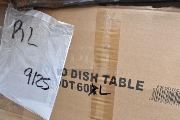 Pallet lot with Regency and Steelton stainless steel tables. Box marked: "DISH TABLE 600DDT60RL" and handwritten "RL 9125."