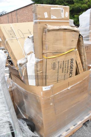 Pallet of Regency 18" x 60" stainless steel work tables, new scratch and dent, boxed with visible labels and wrapped in plastic.