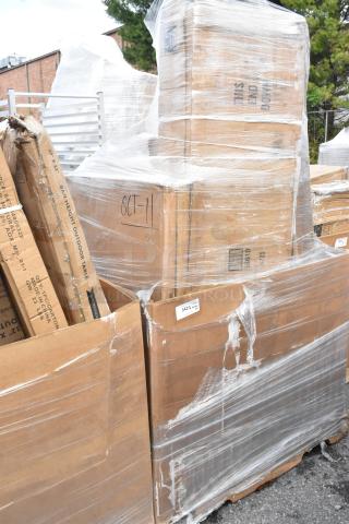 Pallet lot with scratch and dent table tops, equipment stands in cardboard boxes wrapped in plastic. Markings include "OCT-11."
