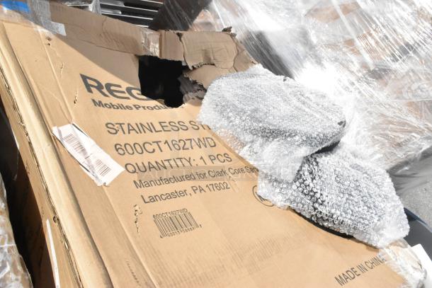 Brand new Regency 600CT1627WD stainless steel utility cart in damaged packaging; 16"x27" 3-shelf, 20 gauge.