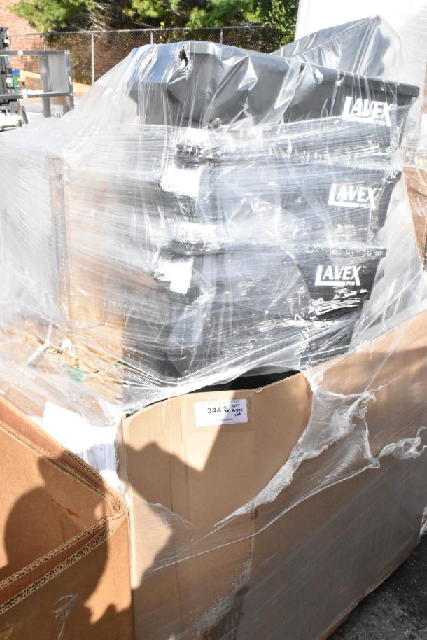 Lot of Lavex 23-gallon black slim trash cans, brand new with minor scratches; wrapped on pallet, cardboard box showing.