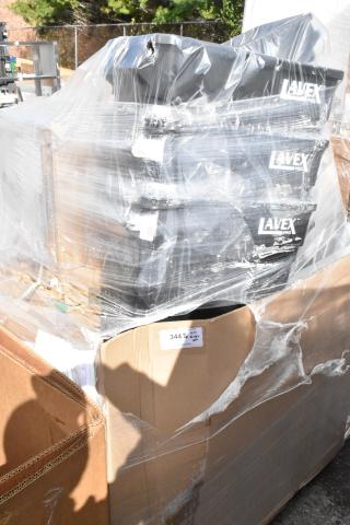 Lot of Lavex 23-gallon black slim trash cans, brand new with minor scratches; wrapped on pallet, cardboard box showing.