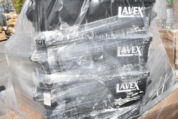 "Lot of Lavex Pro 23 Gallon Black Slim Rectangular Trash Cans wrapped in plastic, scratch and dent condition."