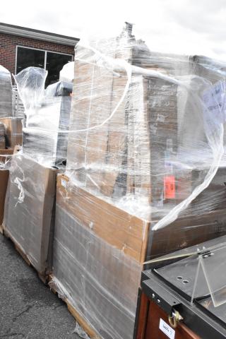 Lot of various items, brand new with scratch and dent, wrapped in plastic on pallets, showing shipping labels.