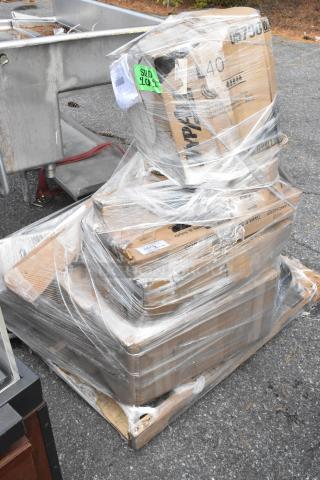 Pallet of 13 brand new scratch and dent Lancaster table bases and columns, wrapped in plastic, visible labels with item codes.