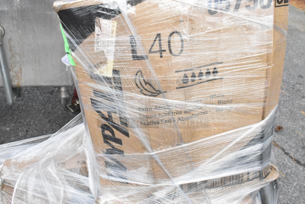 Plastic-wrapped pallet containing 13 brand new scratch and dent items, including Lancaster Table & Seating parts. Labels present.