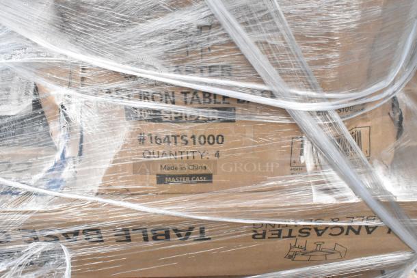 13 new scratch and dent Lancaster 164TS1000 cast iron table bases, wrapped in plastic. Quantity: 4 per master case.