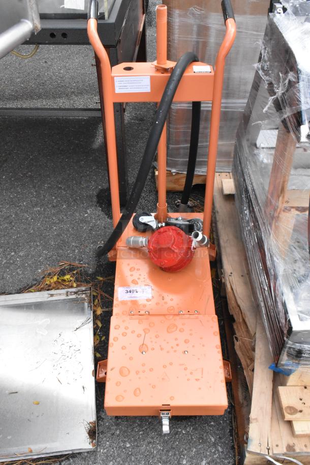 BRAND NEW Fryclone 259DISP50 Fryer Oil Disposal Unit, 50 lb. capacity, visible markings, orange with minor scratches.
