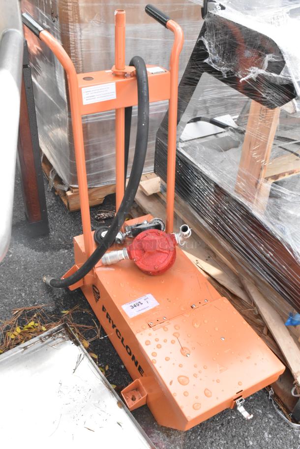 Brand new Fryclone 259DISP50 50 lb. fryer oil disposal unit, orange, tagged "3492", scratch and dent condition.
