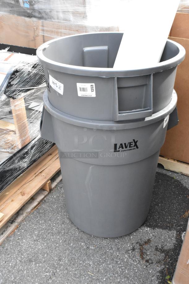 2 new Lavex 475TCRND55GY 55-gallon gray trash cans, scratch and dent condition, commercial use, labeled.