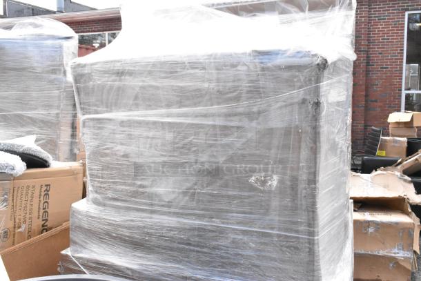 Lot of various items wrapped in clear plastic, noted as "scratch and dent." Includes Regency stainless steel equipment box.