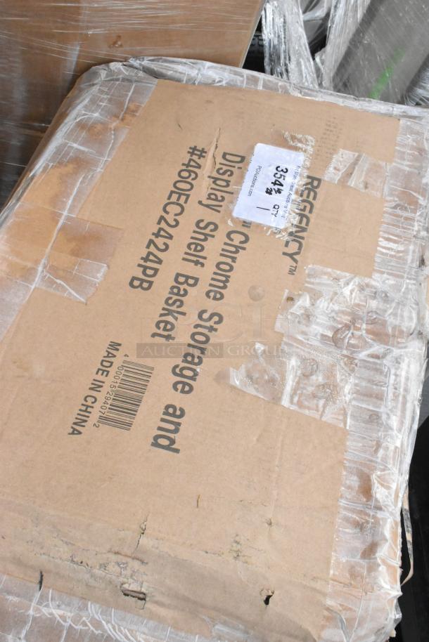 Brand new Regency 460EC2424PB 24"x24" NSF chrome storage display basket in original packaging, scratch and dent condition.