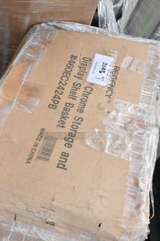 Brand new Regency 460EC2424PB 24"x24" NSF chrome storage display basket in original packaging, scratch and dent condition.