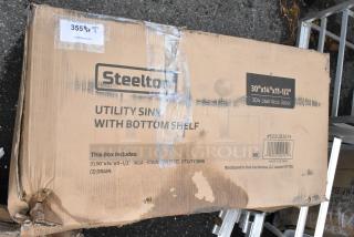 Steelton utility sink in damaged box, model 522US3014, 14"x30"x11" stainless steel, with 34" undershelf, for single-inlet faucet.