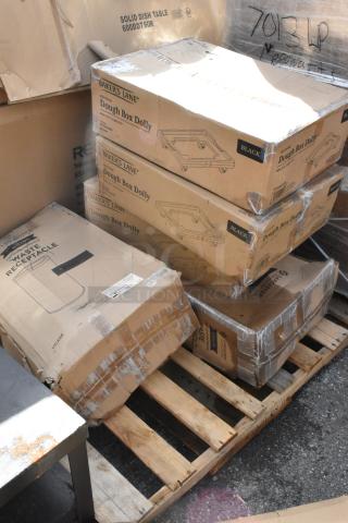Boxes containing new items including Lancaster Table & Seating trash can and Baker's Lane dough box dollies on a pallet.