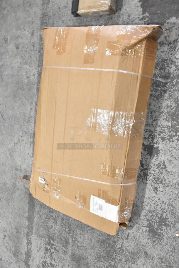 Three items including two pull-down screens in a taped brown cardboard box, slightly damaged, with a label attached.