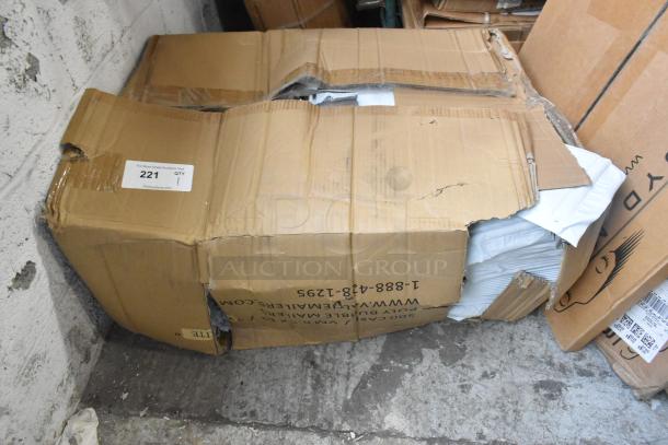 Box of white bubble mailers, brand new. Box is damaged with visible mailers inside. Label indicates auction details.