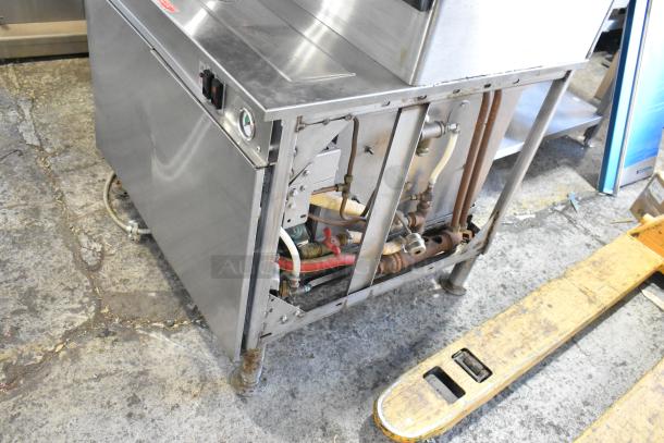 Cleveland PGM3002 stainless steel commercial propane gas steam cabinet, 2 deck, visible wear, gauges and wiring exposed.