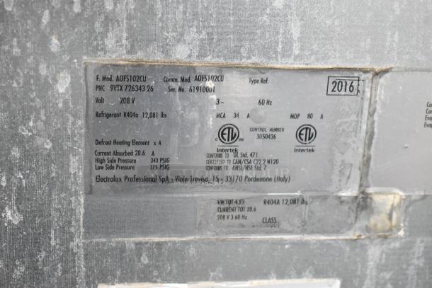 Electrolux AOFS102CU stainless steel blast chiller label, showing specifications: 208V, 3 Phase, R404a refrigerant.