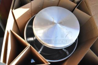 Fantech 5BDU12BB-A metal upblast roof fan in original box, new condition, shows stainless steel finish and protective packaging.