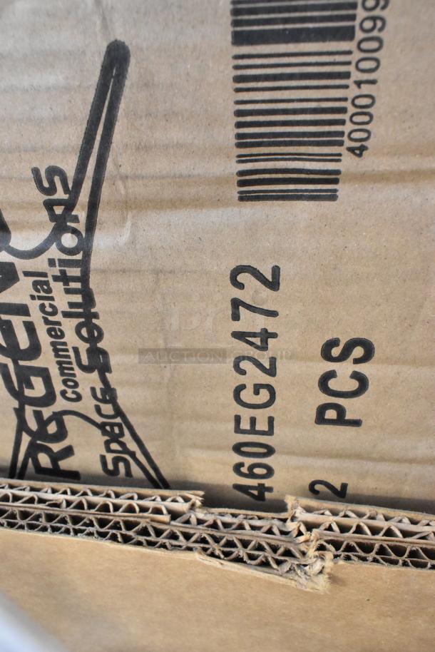 Cardboard packaging labeled "460EG2472" for a Regency 24" x 72" NSF Green Epoxy Wire Shelf, part of a scratch and dent lot.