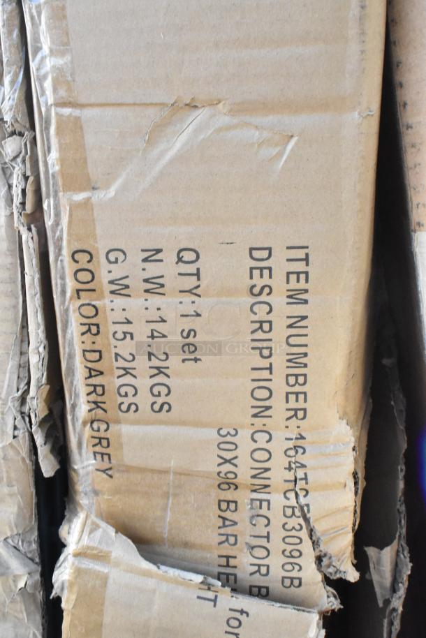 Damaged packaging for 164TCB3096B table base, dark grey, 30x96 bar height. Quantity: 1 set, N.W.: 14.2kg, G.W.: 15.2kg.