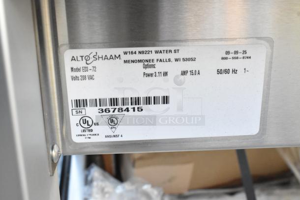 Alto Shaam ED3-72 commercial heated merchandiser label, 208V. Features UL certification and technical specifications.