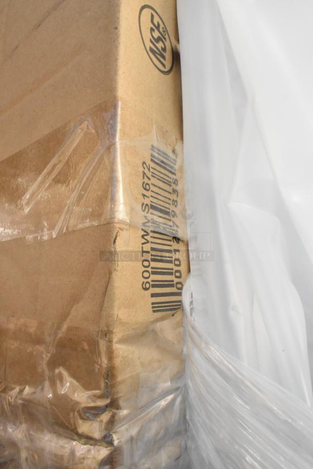 Brand new scratch and dent items packaged, showing barcode and NSF marking on box. Items include pan rack, shelf, tabletop.