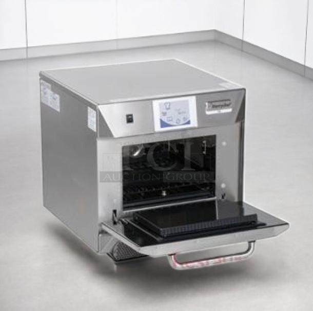 Brand new Merrychef eikon e4 high-speed cooking oven, 208/240V, in original packaging, stainless steel finish.