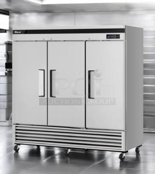 Turbo Air TSR-72SD 3-Door Reach-In Refrigerator, deluxe model, outstanding condition, 115V, fully tested, on wheels.