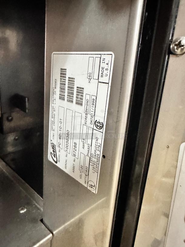 Curtis PC-40 Primo Cappuccino Dispenser label; superb condition, 120V, fully tested. Made in USA, model/serial details visible.