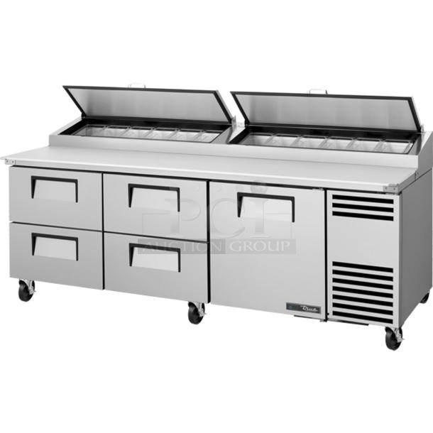 True TPP-93D-4 refrigerated pizza prep table; 93", 3-door, with drawers, great condition, fully tested and working.