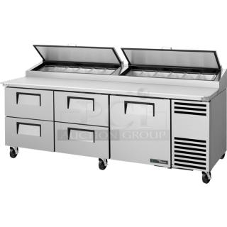 True TPP-93D-4 refrigerated pizza prep table; 93", 3-door, with drawers, great condition, fully tested and working.
