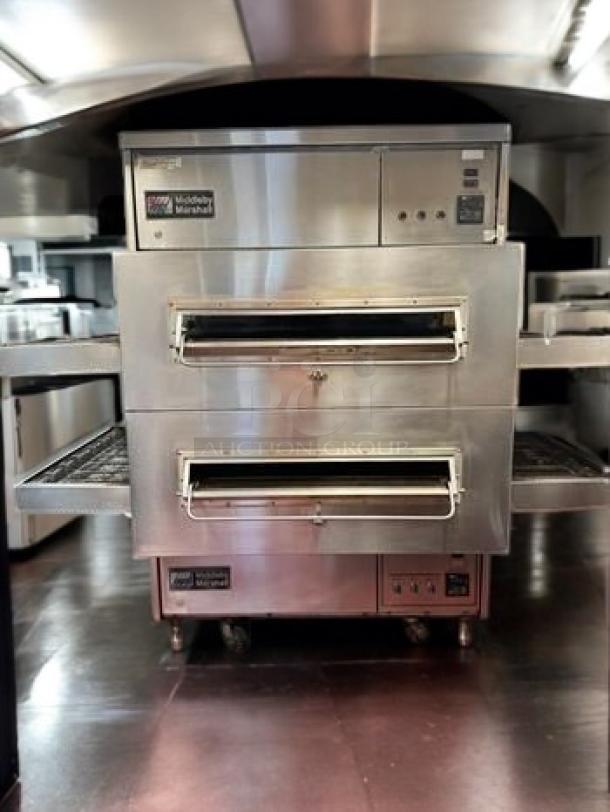 Middleby Marshall PS360WB-2 double stack gas conveyor pizza oven, 160,000 BTU/hr, stainless steel, outstanding condition.