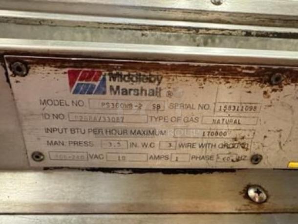 Middleby Marshall PS360WB-2 label showing model, 160,000 BTU/hr, natural gas type, and serial number 1583110998.