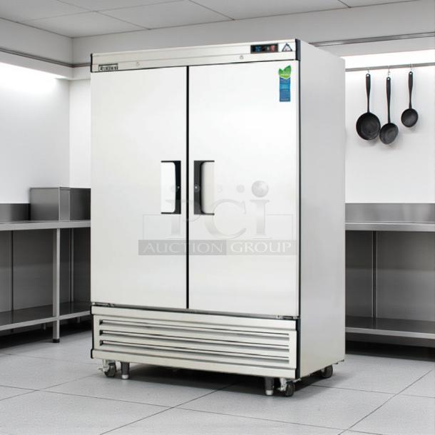 Everest EBR2D stainless steel reach-in refrigerator, 49 ⅝", two solid doors, excellent condition, fully tested, 115V.
