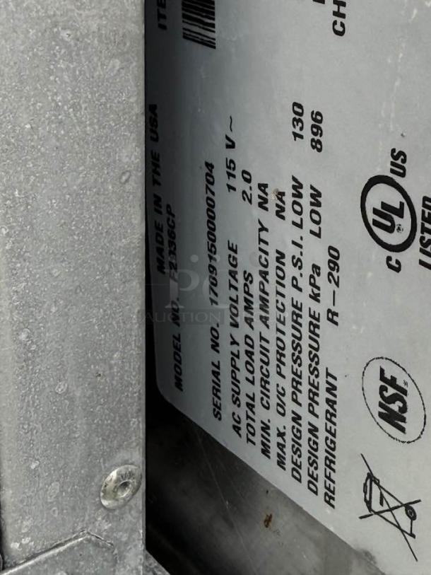 Delfield F296CP refrigeration label, showing model, serial number, 115V, UL listed, NSF certified, in excellent condition.