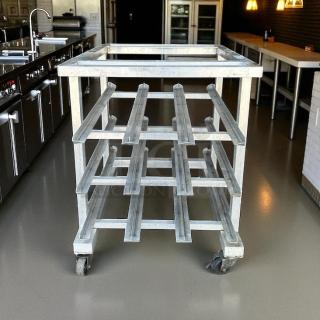 New Age Half-Size Mobile Aluminum Can Rack, excellent condition, holds #10 & #5 cans, no cutting board, on casters.
