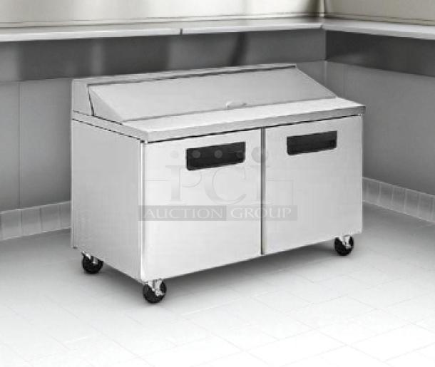 Blue Air BAPT60 60" prep table in great condition, stainless steel, tested and working, with two doors and casters.
