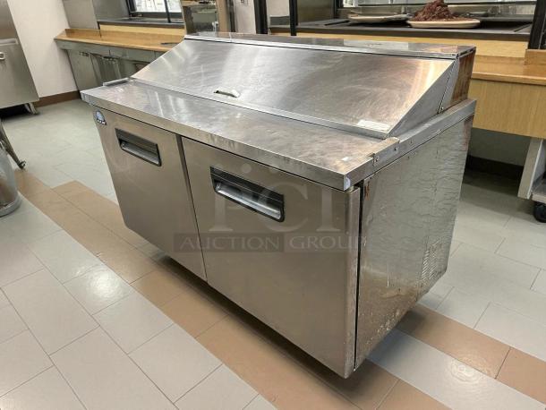 Blue Air BAPT60 60" prep table in great condition, stainless steel, tested, with dual doors, commercial kitchen setting.