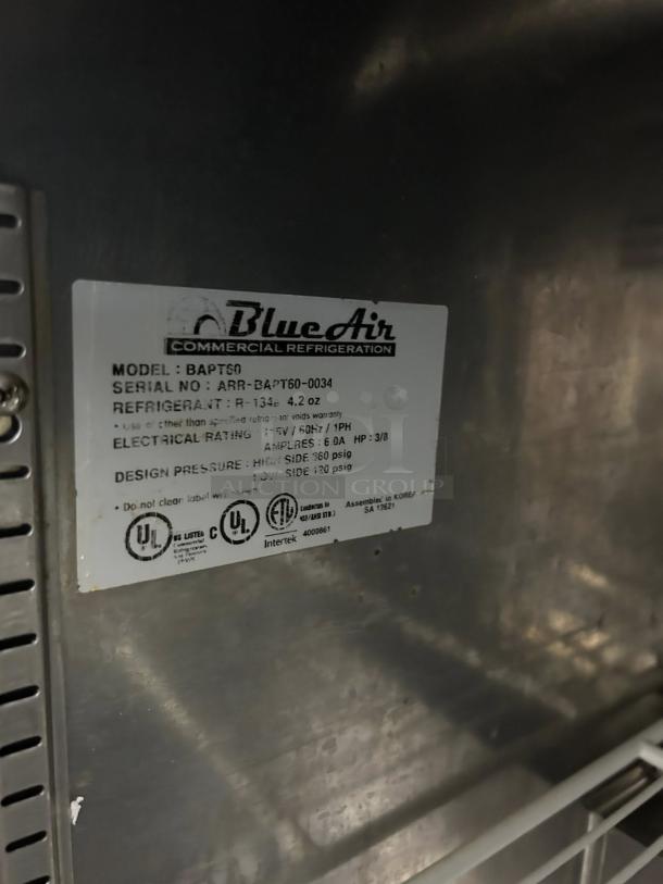 Blue Air BAPT60 prep table tag showing model, serial, refrigerant, electrical rating, and UL certification labels.