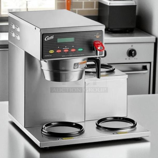 Curtis ALP3GTR12A000 12-cup coffee brewer with 3 lower warmers, stainless steel, digital display, tested, 120V.