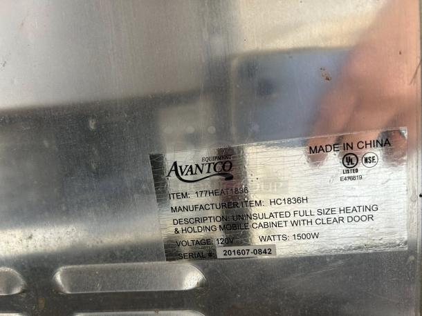 Avantco HEAT-1836 heated holding cabinet label, 120V, 1500W, model HC1836H, UL listed, NSF certified, made in China.